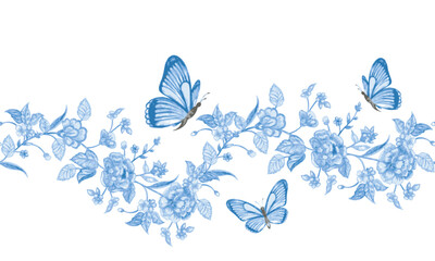 Fototapeta na wymiar watercolor seamless floral border. flowers with butterflies. vec