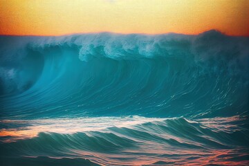 shot of a big wave during sunrise or sunset on a beautiful day, generative ai