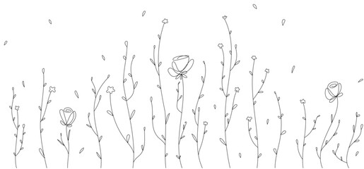 Fototapeta premium Vector linear field. Flower meadow with growing and flying leaves.