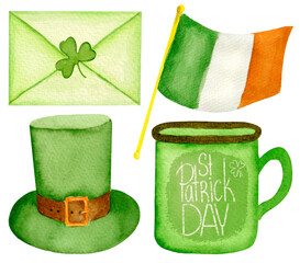 Watercolor St. Patrick's day collection. Envelove, hat, Ireland flag, cup with text, isolated on white background.