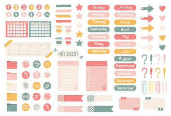Set of cute elements for notepad, planner, day planner. To-do list, bookmarks, frames, stickers, days of the week, numbers, habit tracker, month sticker. Stickers to decorate the diary.