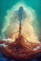 old big green tree with roots, on dry land, tree of earth and life, magic tree.Digital art, nature concept.