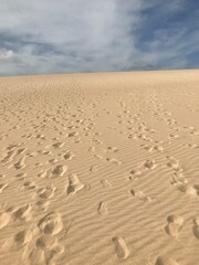 Vast, empty desert with endless footprints disappearing into the horizon under a cloudy sky