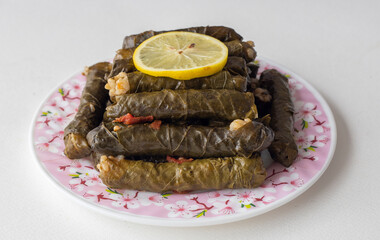 Delicious dolma (sarma) stuffed grape leaves rice, white yogurt sauce. Lebanese dolma sarma on plate. Lebanon turkish greek middle eastern cuisine. (Turkish name; Yaprak sarma)