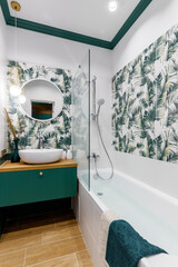GRODNO, BELARUS - AUGUST, 2022: Modern bathroom in green tones