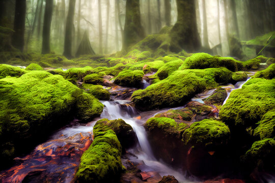 Stream in the forest with moss