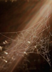 Close up of a spider web with sun flares in the background on a sunny morning