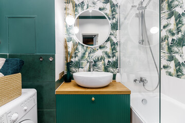 GRODNO, BELARUS - AUGUST, 2022: Modern bathroom in green tones