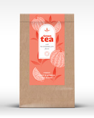 Craft Paper Bag with Fruit and Berries Tea Label. Realistic Vector Pouch Packaging Design Layout. Modern Typography, Hand Drawn Watermelon and Leaves Silhouettes Background Mockup Isolated