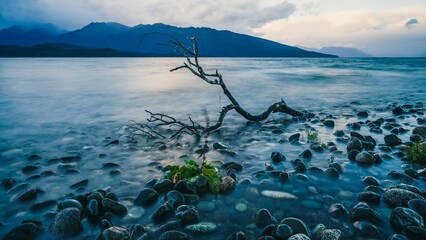 Aerial view of rocky beach of lake surrounded by mountains