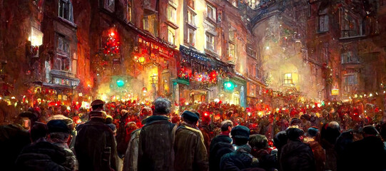Blick auf nächtliche Weihnachten in der europäischen Stadtstraße, abstrakte Winterlandschaft. Weihnachtsszene. Banner-Kopfzeile. Digitale Kunst.