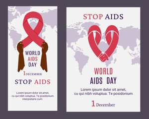 AIDS day. African American holding red ribbon. Support for hiv infected people. Awareness of AIDS. Tape in shape of heart,  lettering. Vector illustration for poster template.