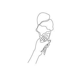 Continuous line drawing of hand holding ice cream cone. Ice cream cone simple line art with active stroke.