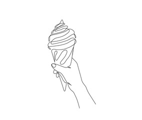 Continuous line drawing of hand holding ice cream cone. Ice cream cone simple line art with active stroke.