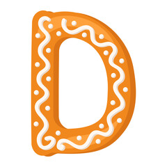 Letter D made from glazed gingerbread. Festive font, symbol of Happy New Year and Christmas, sign and letters of different shapes. Vector flat illustration