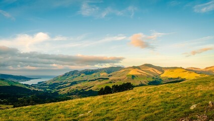 Green meadow with a cloudy blue sky in the background, Akaroa, Banks Peninsula, New Zealand