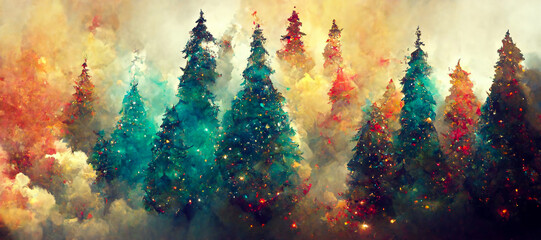 Obraz na płótnie Canvas Abstract fantasy festive christmas tree background header wallpaper, winter abstract landscape. Christmas scene. Banner header. Digital art.