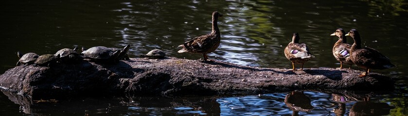 Panorama of ducks and turtles on a lake shore