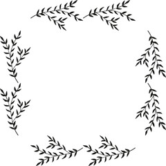 Square frame with drawing black branches on white background. Vector image.