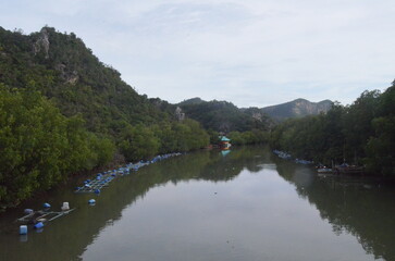 Fototapeta na wymiar Thailändisches dorf am Jungle Ufer mit Wasserstraßen und Booten.