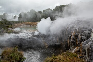 Scenic view of a hot spring with smoke surrounded by vegetation in Rotorua, New Zealand