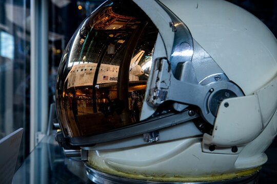 Space Shuttle Discovery Reflected In The Visor Of An Astronaut Helmet At Smithsonian Space Museum