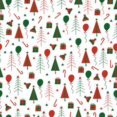 Fototapeta na wymiar Aesthetic arrangements of Merry Christmas ornaments. Allover print Xmas seamless surface pattern. Christmassy repeat texture