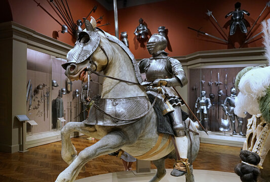   The medieval section of the Art Institute of Chicago displays mannikins wearing armor in full battle array.