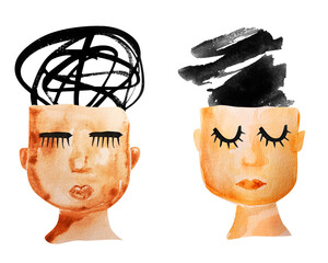 Faces of men with closed eyes and abstract thoughts watercolor illustration. Template for decorating designs and illustrations.