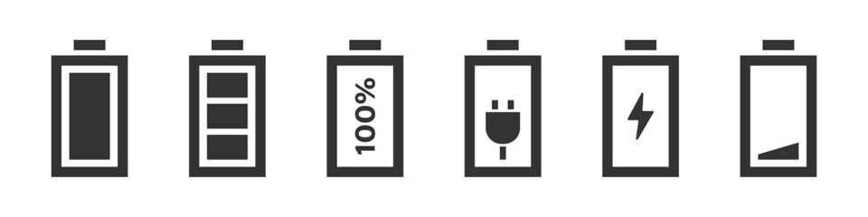 Set of battery icon. Battery charging indicator icons. Charge accumulator symbol collection. Vector isolated illustration. 