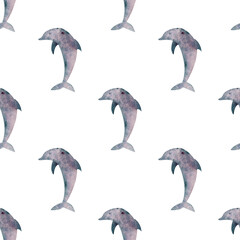 Watercolor seamless pattern (dolphin) on isolated background. For greeting cards, stationery, wrapping paper, wallpaper, splash screen, social media, etc.
