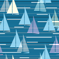 Sea with colorful sails. Stylized marine striped background. Seamless vector pattern.