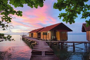 Beautiful sunset above typical water bungalows on the beach - Waigeo Island, Raja Ampat, West...