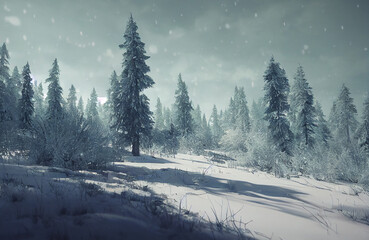 Forest during winter time, white snow and ice covering the trees, cold temperature and snowy scenery
