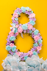International Women's Day on March 8, Beautiful postcard banner for Women's Day, flowers in the shape of an eight