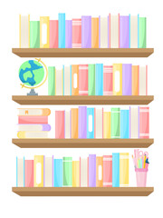 Vector cartoon image of the bookshelves of a library or bookstore. Interior design for the home and for the children's room. The concept of education and study