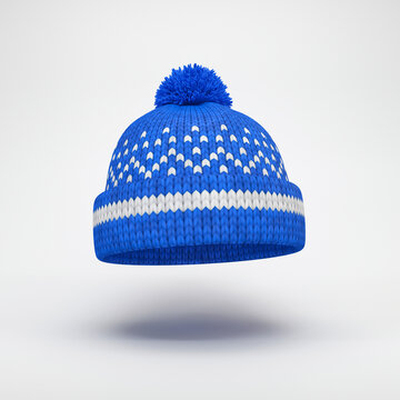 Blue hat with a pattern floating on a gray background, 3d render