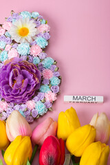 International Women's Day on March 8, Beautiful postcard banner for Women's Day, flowers in the shape of an eight