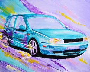 Deurstickers Conceptual picture, bright car rushes at great speed. Traces of color in the air, lines, waves, acceleration, headlights. Aerography design. Beautiful painting in oil, acrylic, watercolor. Modern art © olgaosa