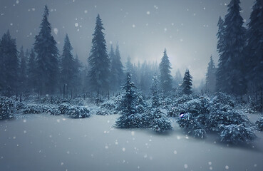 Forest during winter time, white snow and ice covering the trees, cold temperature and snowy scenery
