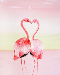Two flamingos in love. Beautiful pink sunset, dawn. Romantic atmosphere. Thin moon in the sky. Beautiful painting in oil, acrylic or watercolor. Banner for salon, interior, restaurant. Print on fabric