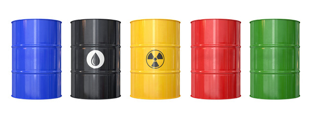 Collection of metal barrels with various liquids on a white background, 3d render