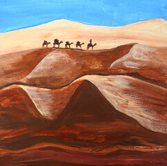 Landscape in the desert. Far away camel caravan sets off. Relaxing sand, blue sky, clouds, sunset. Yellow Dunes, beige mountains, rocks. Beautiful painting in oil, acrylic, watercolor. New Modern art - 545218362