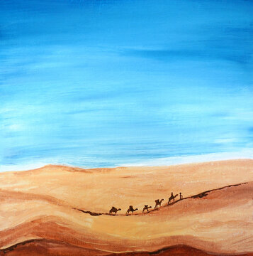 Landscape in the desert. Far away camel caravan sets off. Relaxing sand, blue sky, clouds, sunset. Yellow Dunes, beige mountains, rocks. Beautiful painting in oil, acrylic, watercolor. New Modern art