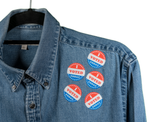 Blue denim working clothing with many Voted stickers on white background