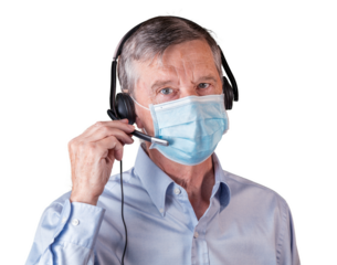 Senior man with face mask using headset to communicate with team or customers