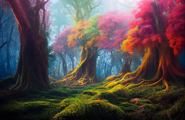 Magical forest in summer, beautiful nature scenery, colorful trees and roots, The scene of beautiful forest in a magical natural environment.
