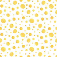 Seamless hand drawn pattern gold different sizes circles on whitebackground.Texture for wrapping paper, fabrics, decor, textile, digital paper.