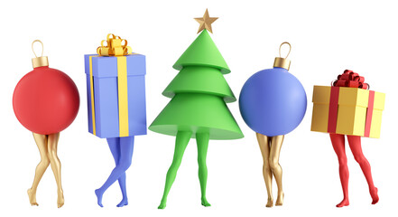 3d render. Abstract colorful Christmas clip art. Fir tree, gift box, ball. Funny cartoon characters toys, seasonal ornaments. Group of surreal objects with mannequin legs