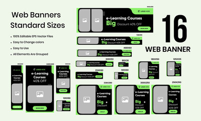 Web learning courses set banner design templates for social media posts, minimal web banner design